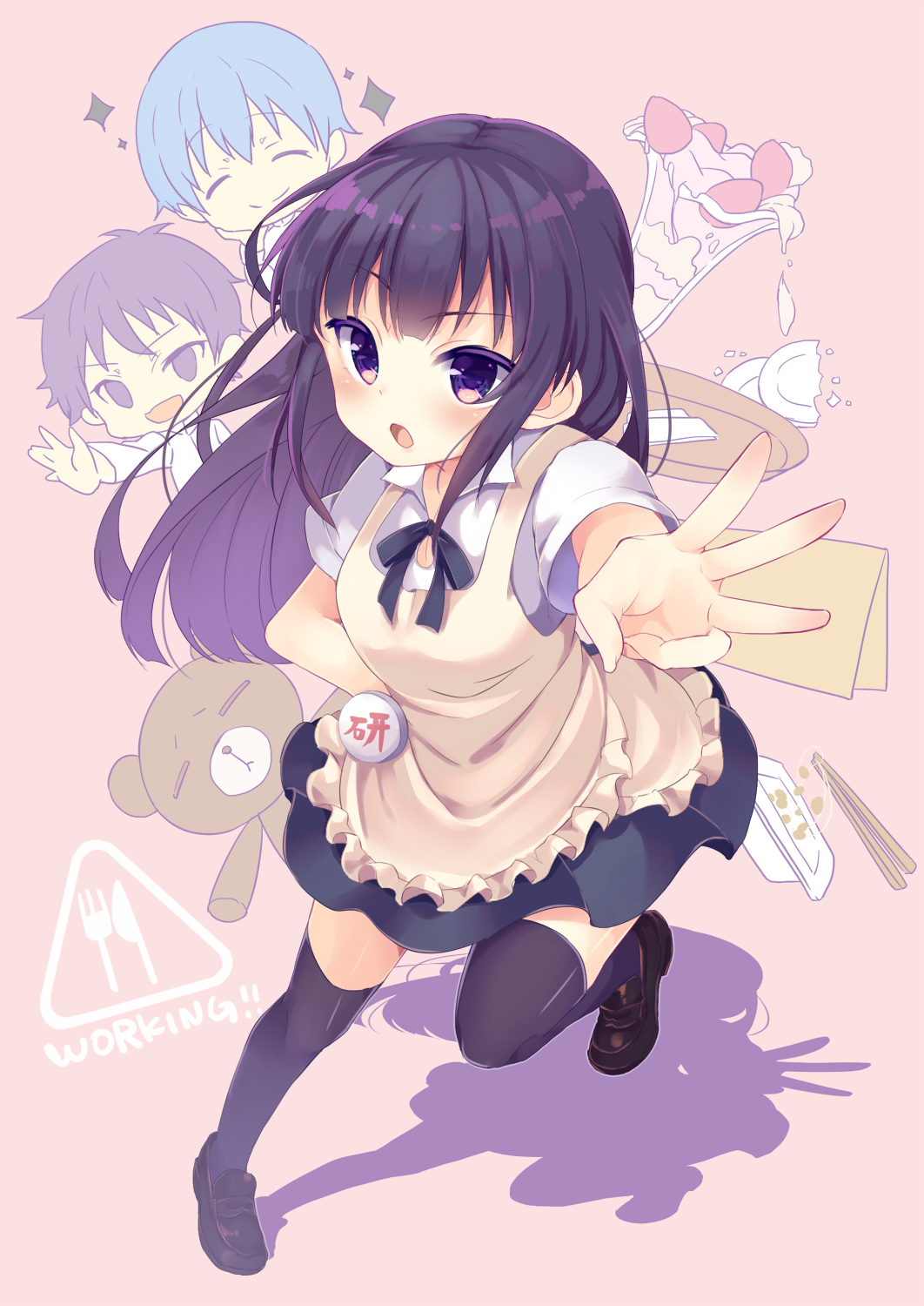 1girl, 2boys, apron, black_legwear, blush, brother_and_sister, closed_eyes, commentary_request