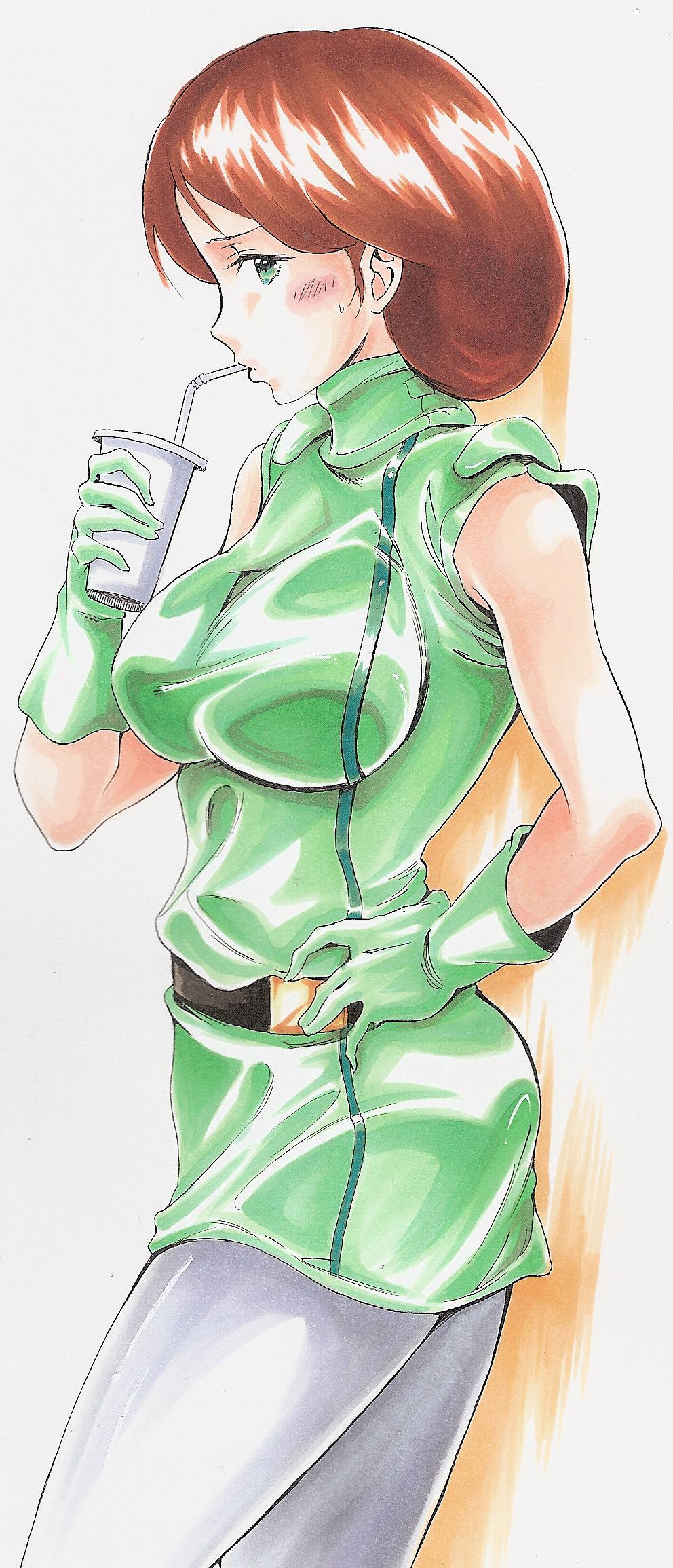 1girl, belt, breasts, brown_hair, drink, drinking_straw, emma_sheen, gloves