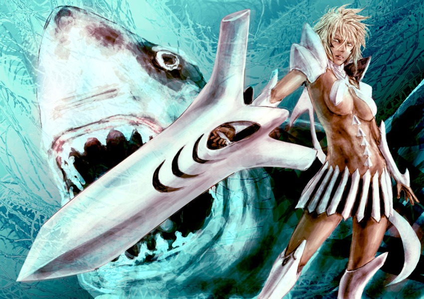 baryan, bleach, blonde_hair, dark_skin, espada, facial_mark, resurreccion, shark