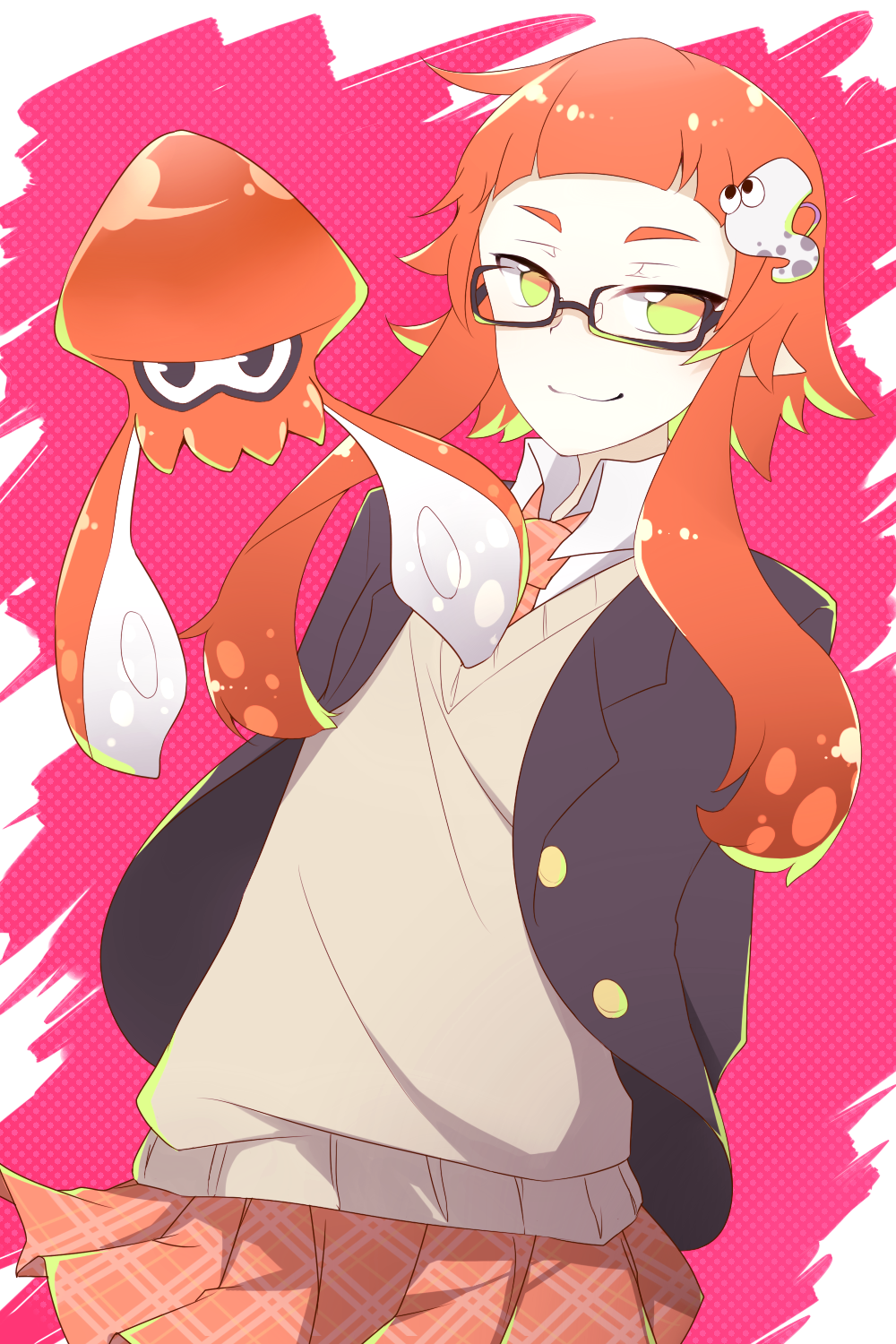 1girl, arms_behind_back, blazer, commentary, commentary_request, cowboy_shot, dress_shirt, glasses