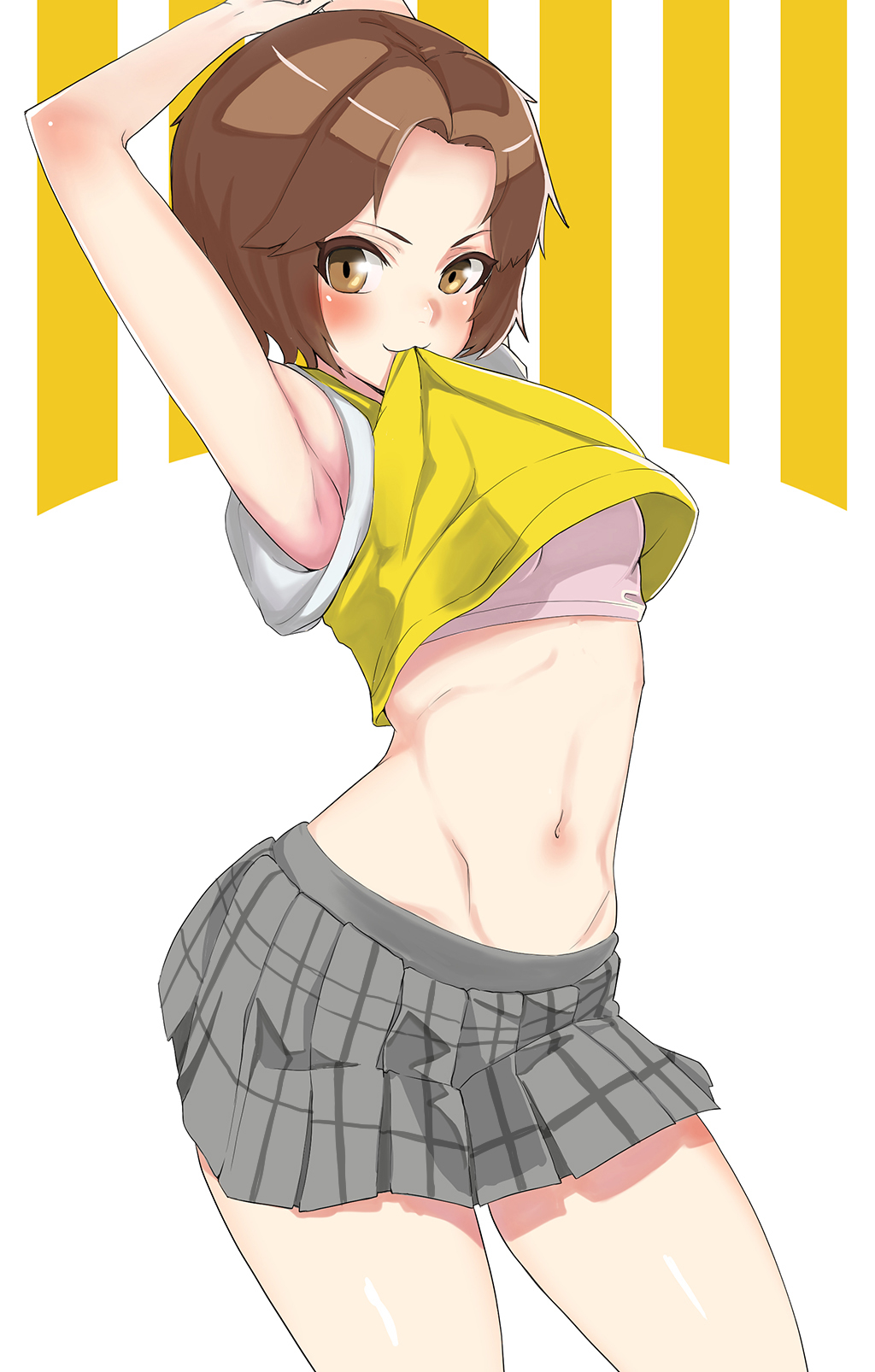 1girl, :3, armpits, arms_up, blush, bonbakudan, brown_eyes, brown_hair