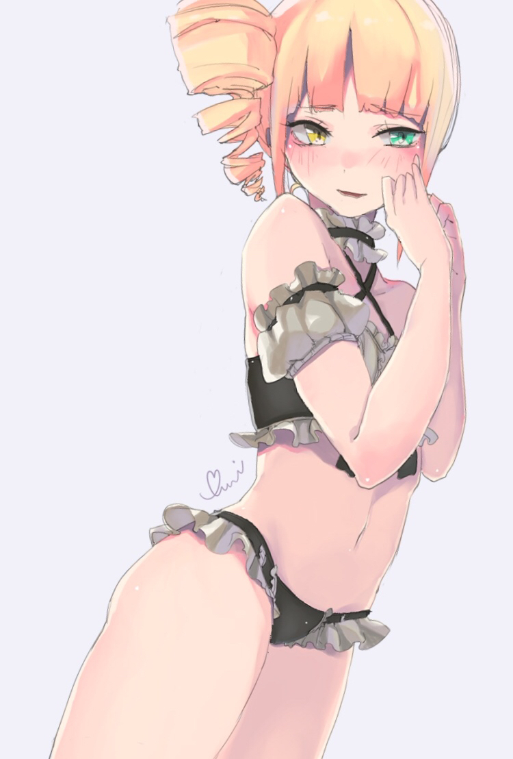 1girl, bangs, bikini, black_bikini, blonde_hair, blunt_bangs, blush, choker