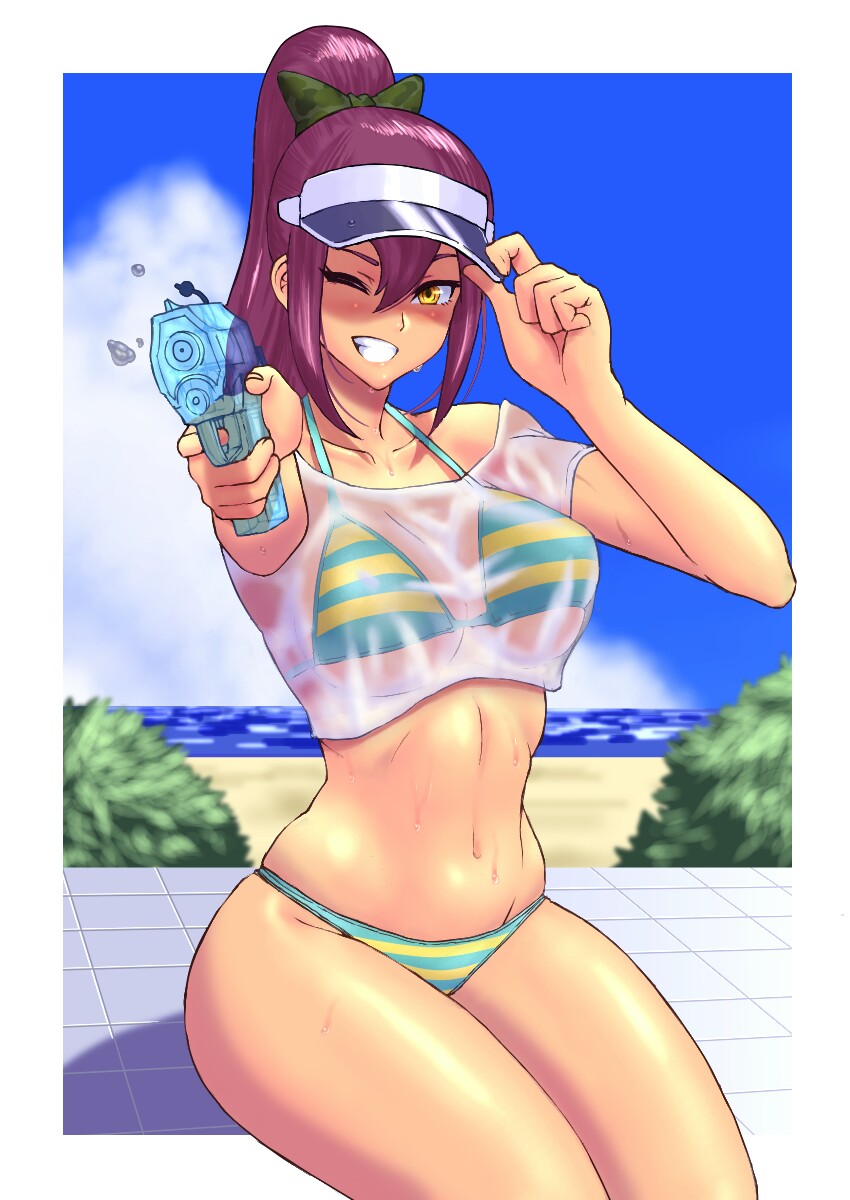 1girl, beach, bikini, bikini_under_clothes, blush, bow, crop_top, day