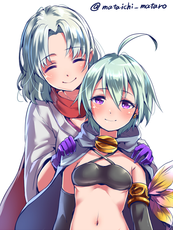 2girls, ^_^, ahoge, aqua_hair, artist_name, blush, cape, closed_eyes