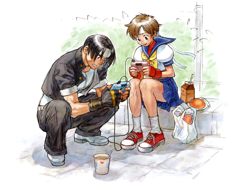 crossover, fingerless_gloves, food, girls_playing_games, gloves, hachimaki, headband, kasugano_sakura, king_of_fighters, kusanagi_kyo, kusanagi_kyou, milk, neo_geo_pocket_color, nishimura_kinu, noodles, playing_games, ramen, school_uniform, serafuku, sitting, snk, street_fighter, video_game