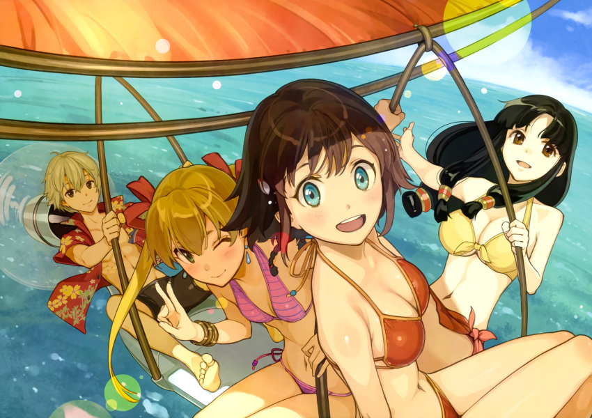 1boy, 3girls, :d, ;), amy_(suisei_no_gargantia), bangle, bangs, bare_legs