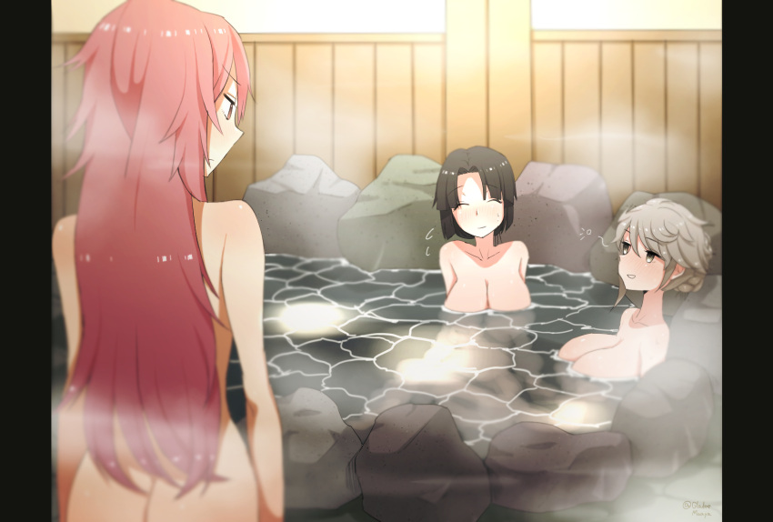 3girls, ass, bathing, breasts, brown_hair, closed_eyes, flying_sweatdrops, grey_hair