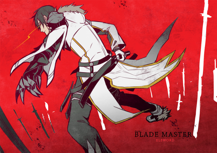 1boy, artist_name, black_hair, black_pants, blade_master_(elsword), character_name, coat, copyright_name