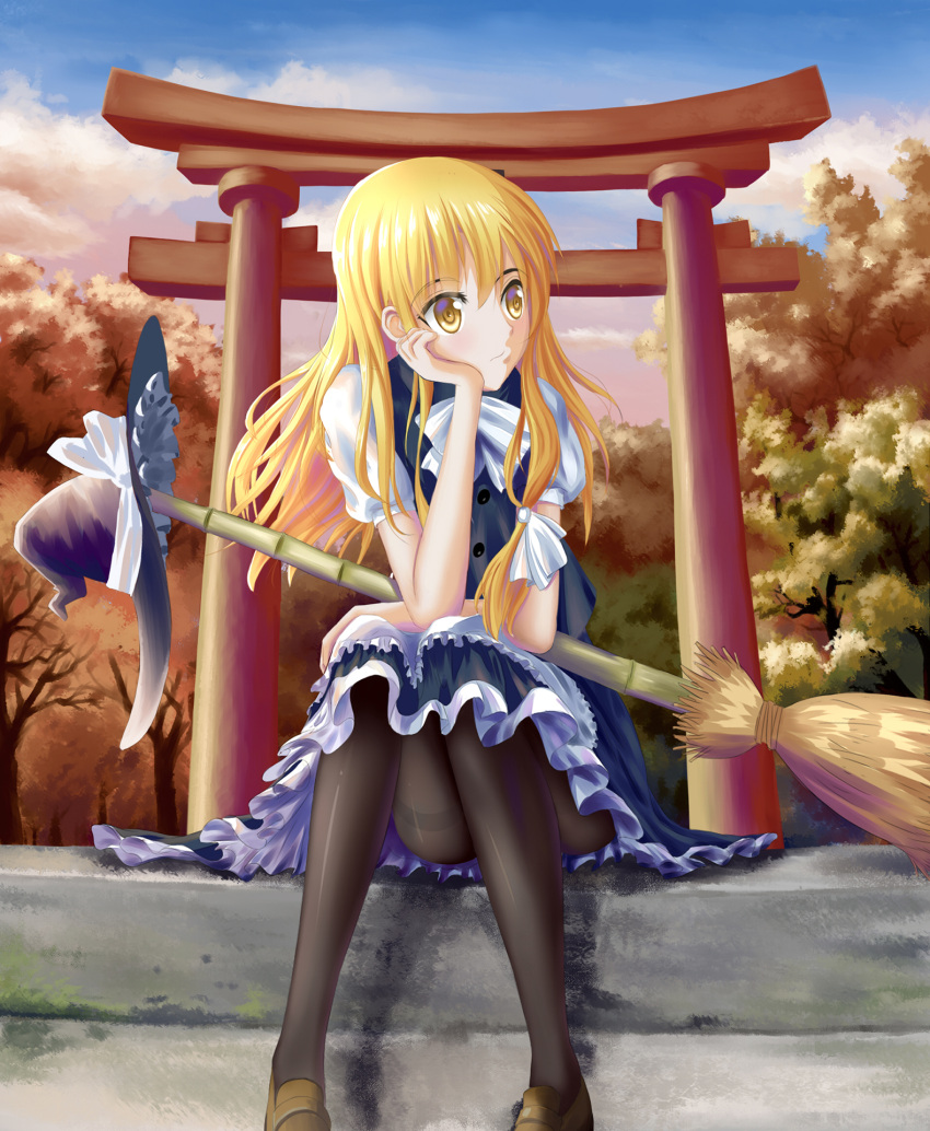 1girl, apron, black_legwear, blonde_hair, bow, broom, convenient_leg, full_body