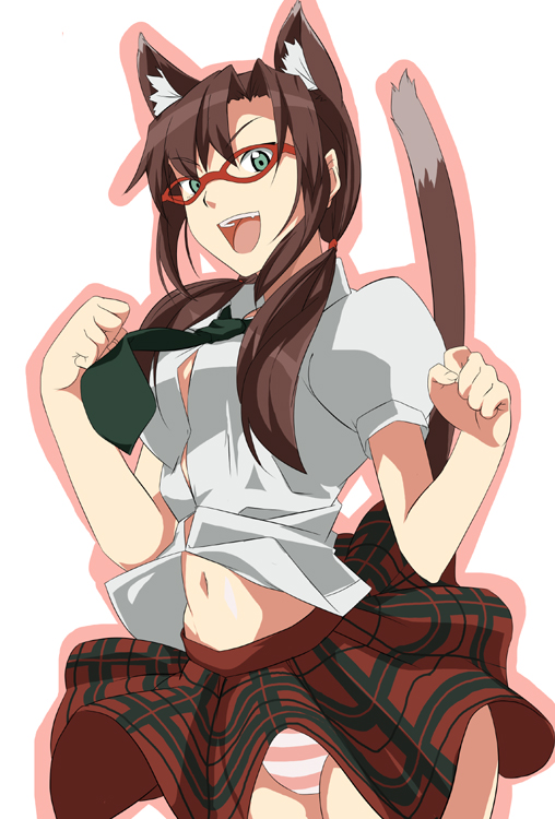 cat_ears, cat_pose, cat_tail, date_(artist), evangelion:_2.0_you_can_(not)_advance, glasses, makinami_mari_illustrious, midriff