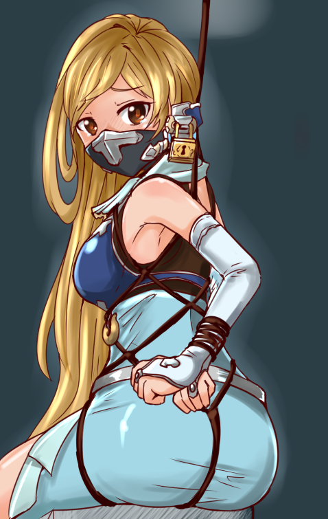 1girl, ass, bare_shoulders, bdsm, blonde_hair, bondage, bridal_gauntlets, elegy_(granblue_fantasy), face_mask, from_behind, granblue_fantasy, lock, long_hair, looking_at_viewer, looking_back, mask, red_eyes, rope, rumiya9i, shibari, sitting, solo, very_long_hair