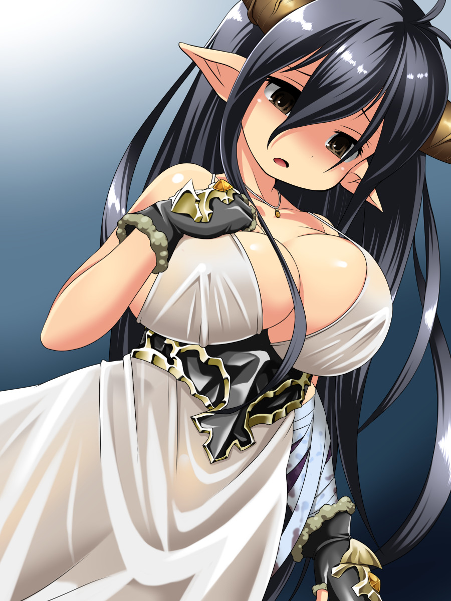 1girl, bandages, black_eyes, breast_suppress, breasts, cleavage, danua, dress, fingerless_gloves, gloves, granblue_fantasy, hair_between_eyes, highres, horns, jewelry, large_breasts, long_hair, necklace, open_mouth, pointy_ears, solo, strap_slip, tsuna_(al_dente), very_long_hair, white_dress