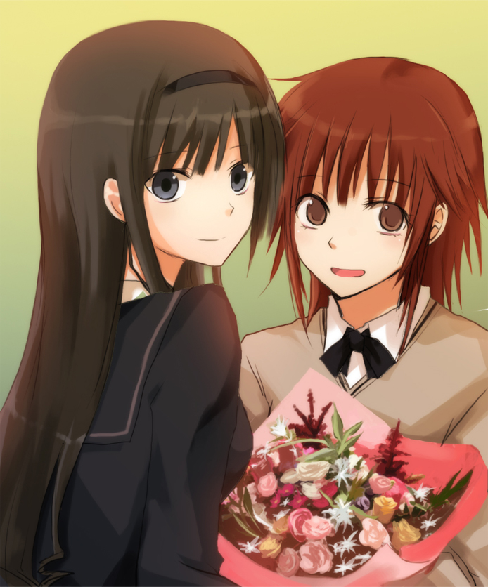 2girls, amagami, black_hair, brown_hair, flower, hairband, kuzu_youkan, long_hair