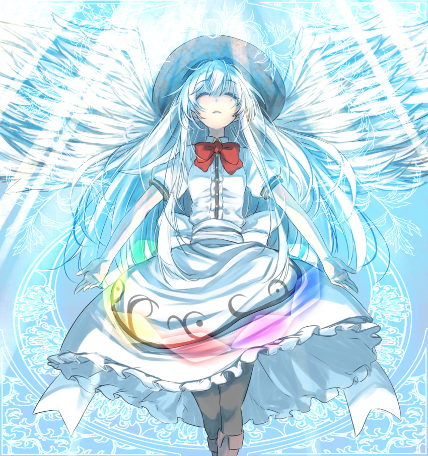 1girl, alternate_color, alternate_hair_color, angel_wings, apron, black_legwear, blue_background, boots