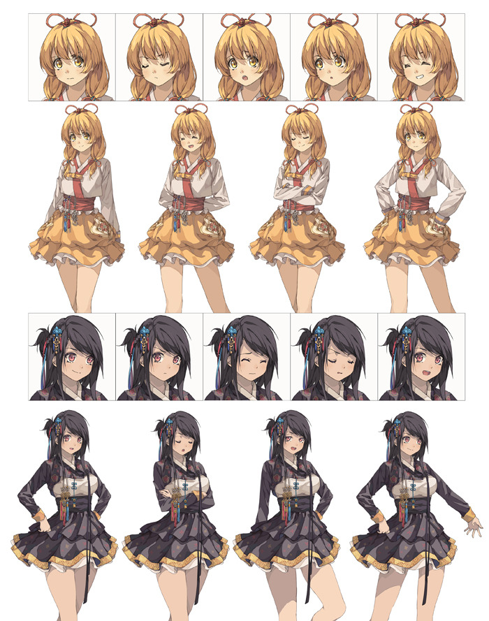 2girls, :d, :o, black_hair, blonde_hair, character_sheet, closed_eyes, crossed_arms