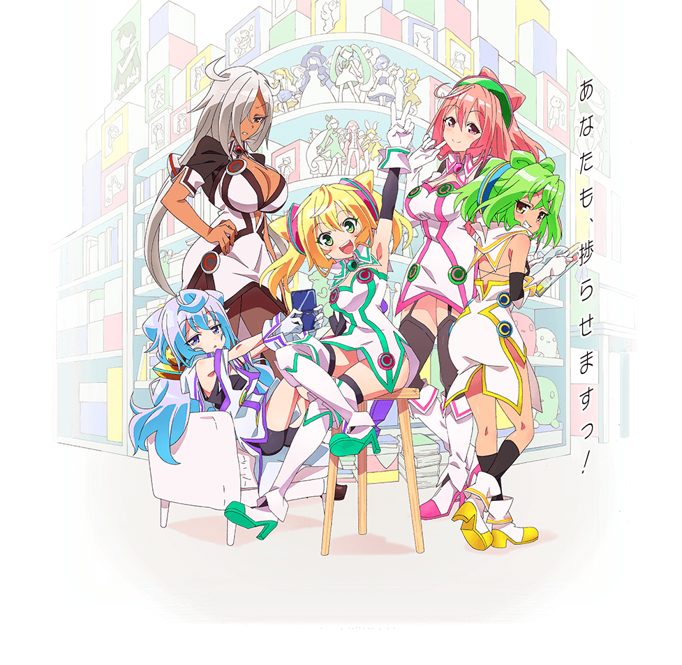 1boy, 4girls, boots, garter_straps, hacka_doll, hacka_doll_0, hacka_doll_1, hacka_doll_2