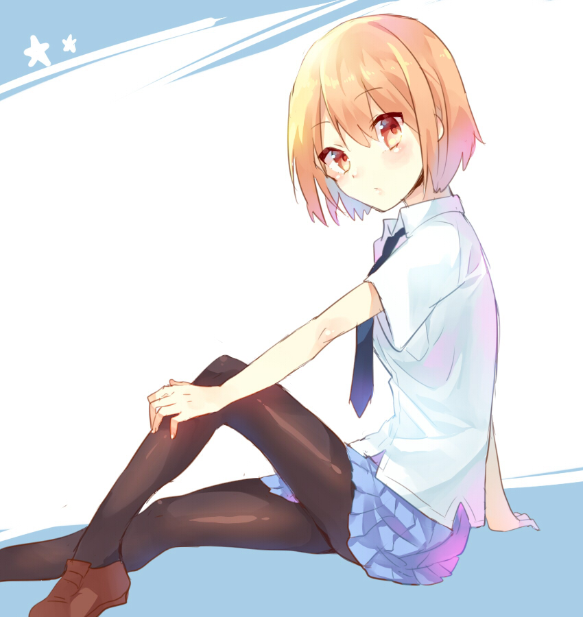 1girl, charlotte_(anime), iukawa_hamosaku, light_brown_hair, medoki_(charlotte), necktie, pantyhose, red_eyes
