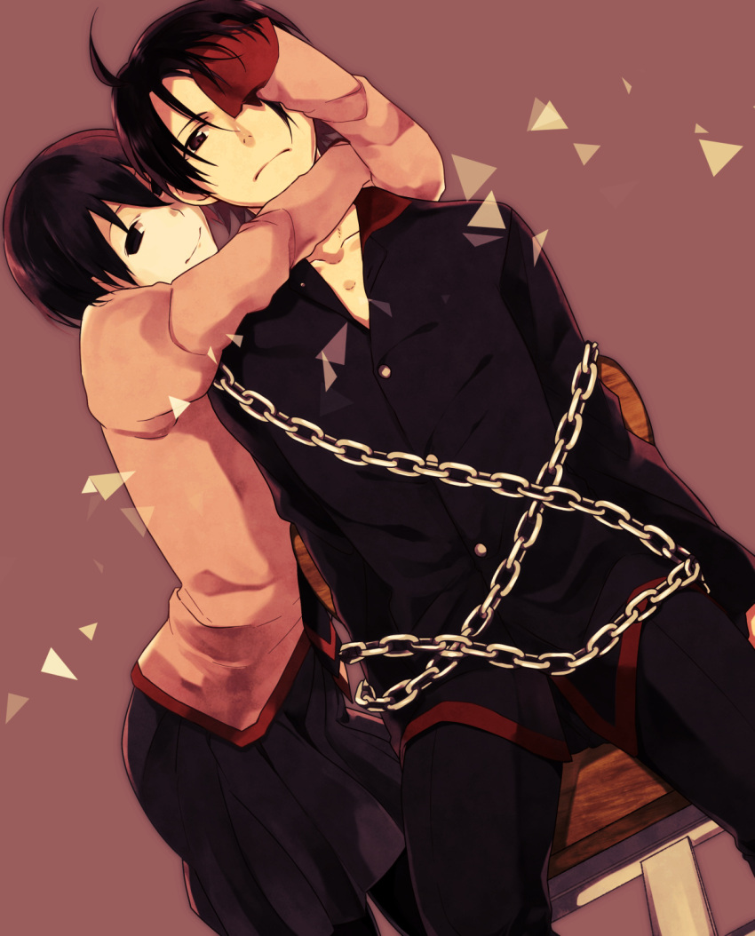 1boy, 1girl, araragi_koyomi, black_eyes, black_hair, chain, chair, empty_eyes