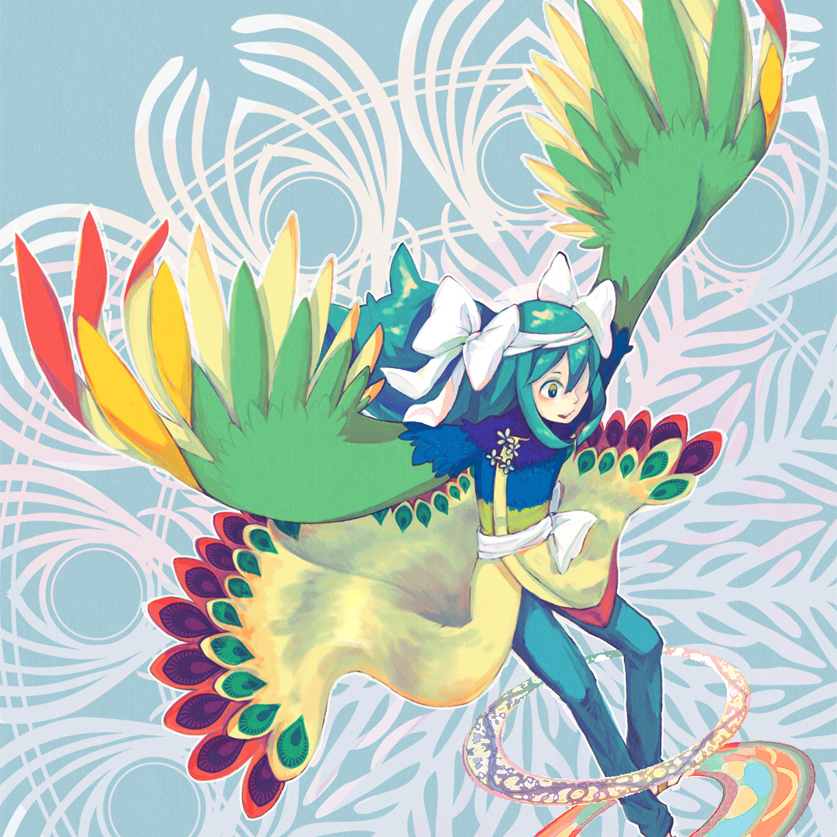 1boy, angel, aqua_eyes, aqua_hair, bangs, bird, blue_pants, bow