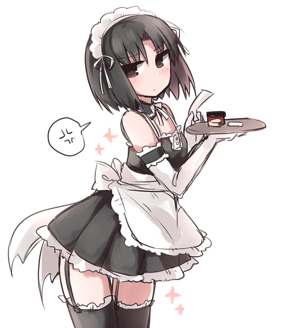 1girl, anger_vein, black_hair, black_legwear, blush, elbow_gloves, garter_straps, gloves