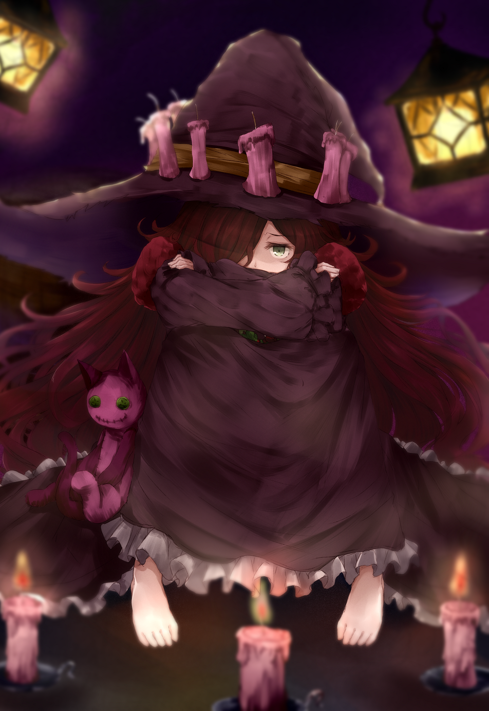 1girl, anna_(granblue_fantasy), barefoot, blurry, buttons, candle, depth_of_field, dress