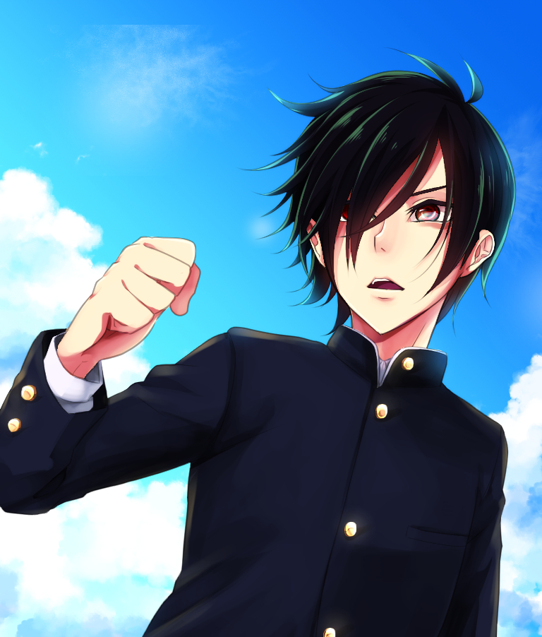 1boy, black_hair, fairy_tail, hair_over_one_eye, kishinaito, open_mouth, red_eyes, rogue_cheney, school_uniform, sky, solo