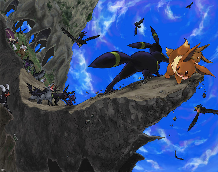 cliff, defending, eevee, epic, feathers, fisheye, houndoom, mightyena