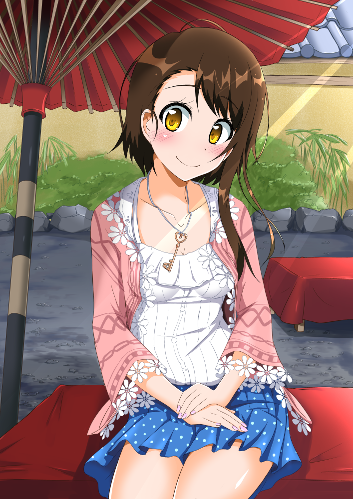 1girl, asymmetrical_hair, bangs, blue_skirt, blush, brown_eyes, brown_hair, building
