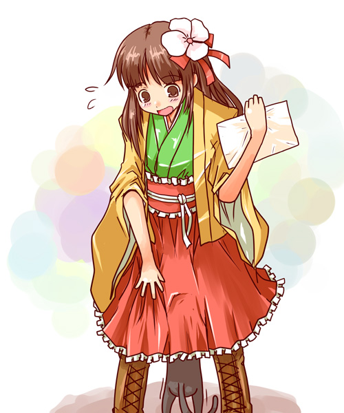 brown_hair, cat, cat_between_legs, flower, hieda_no_akyuu, japanese_clothes, kanoe_soushi, long_hair