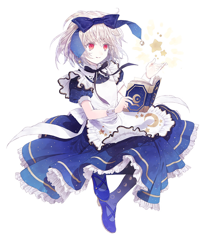 1girl, albino, book, bow, bowtie, commentary_request, crescent, dress