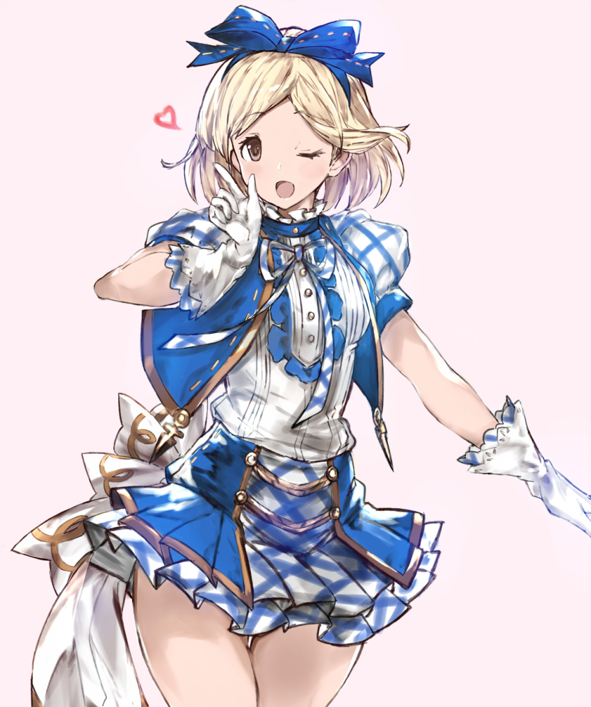 1girl, ;d, blonde_hair, blue_ribbon, blue_skirt, blue_vest, brown_eyes, buttons