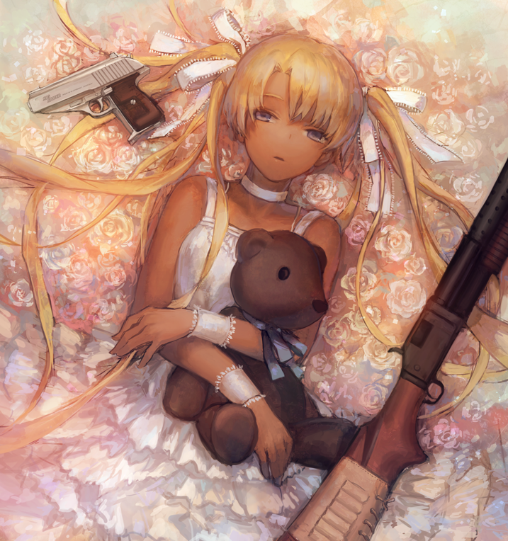 1girl, bangs, blonde_hair, blue_eyes, blue_ribbon, dark_skin, dress, flower, frilled_dress, frills, gun, gunslinger_girl, handgun, long_hair, looking_at_viewer, lying, on_back, pistol, ribbon, rose, shotgun, sig_sauer, sig_sauer_p230, solo, stuffed_animal, stuffed_toy, teddy_bear, triela, twintails, uirou, very_long_hair, weapon, white_dress, white_ribbon, winchester_model_1897, wrist_cuffs