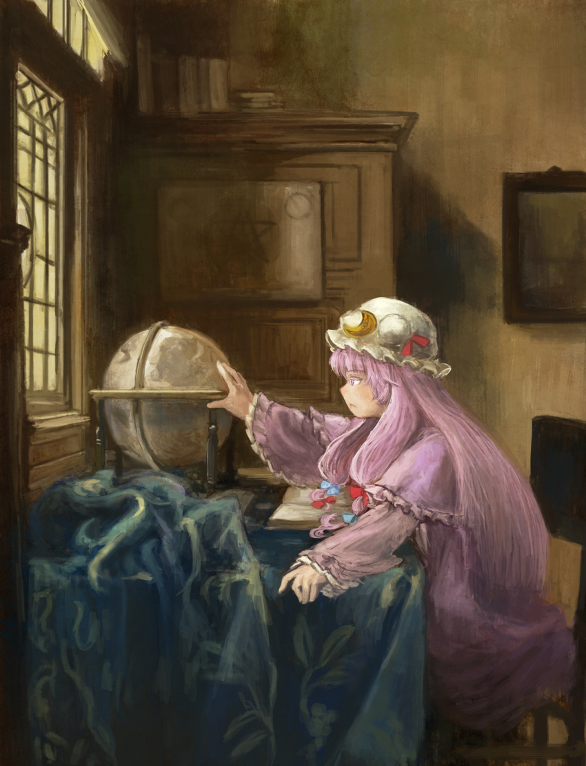 1girl, book, bow, capelet, chair, colored_eyelashes, crescent, cupboard