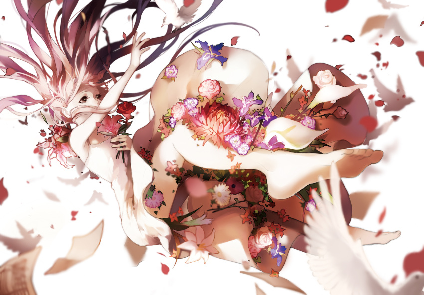 1girl, barefoot, bird, brown_eyes, deemo, dove, dress, falling