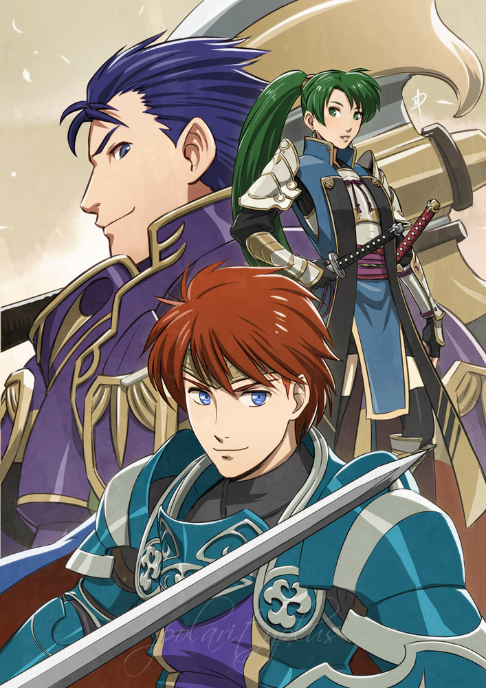 1girl, 2boys, armor, axe, blue_eyes, blue_hair, cape, daniel_macgregor