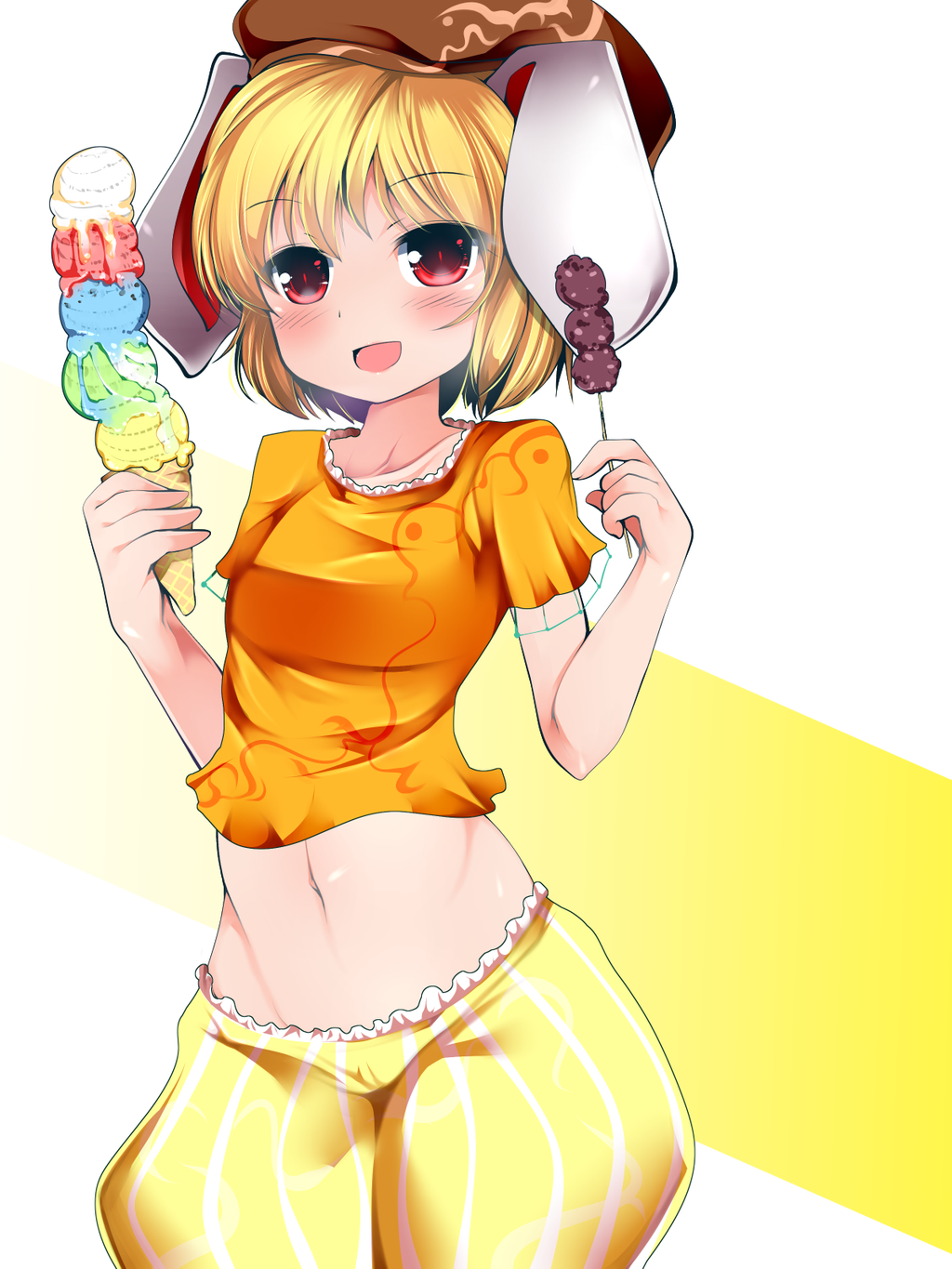 1girl, animal_ears, blonde_hair, blue_ice_cream, blush, doku_corne, flat_cap, food