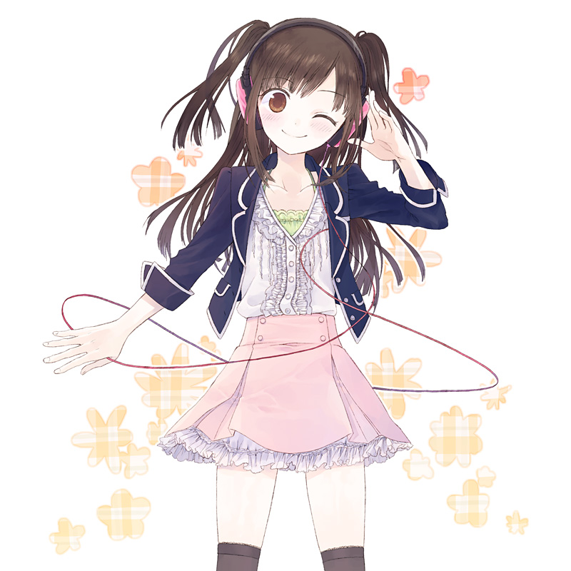1girl, ;), black_legwear, blush, brown_eyes, brown_hair, collarbone, commentary_request, dress, flat_chest, frilled_dress, frills, head_tilt, headphones, itsuki_(s2_129), kneehighs, long_hair, looking_at_viewer, one_eye_closed, original, salute, smile, solo, twintails, two_side_up