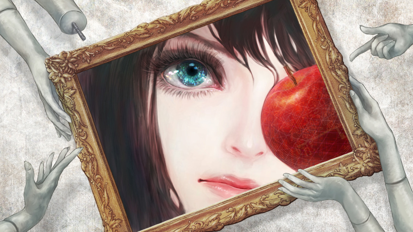 1girl, afrostar, apple, bangs, blue_eyes, close-up, closed_mouth, eyelashes