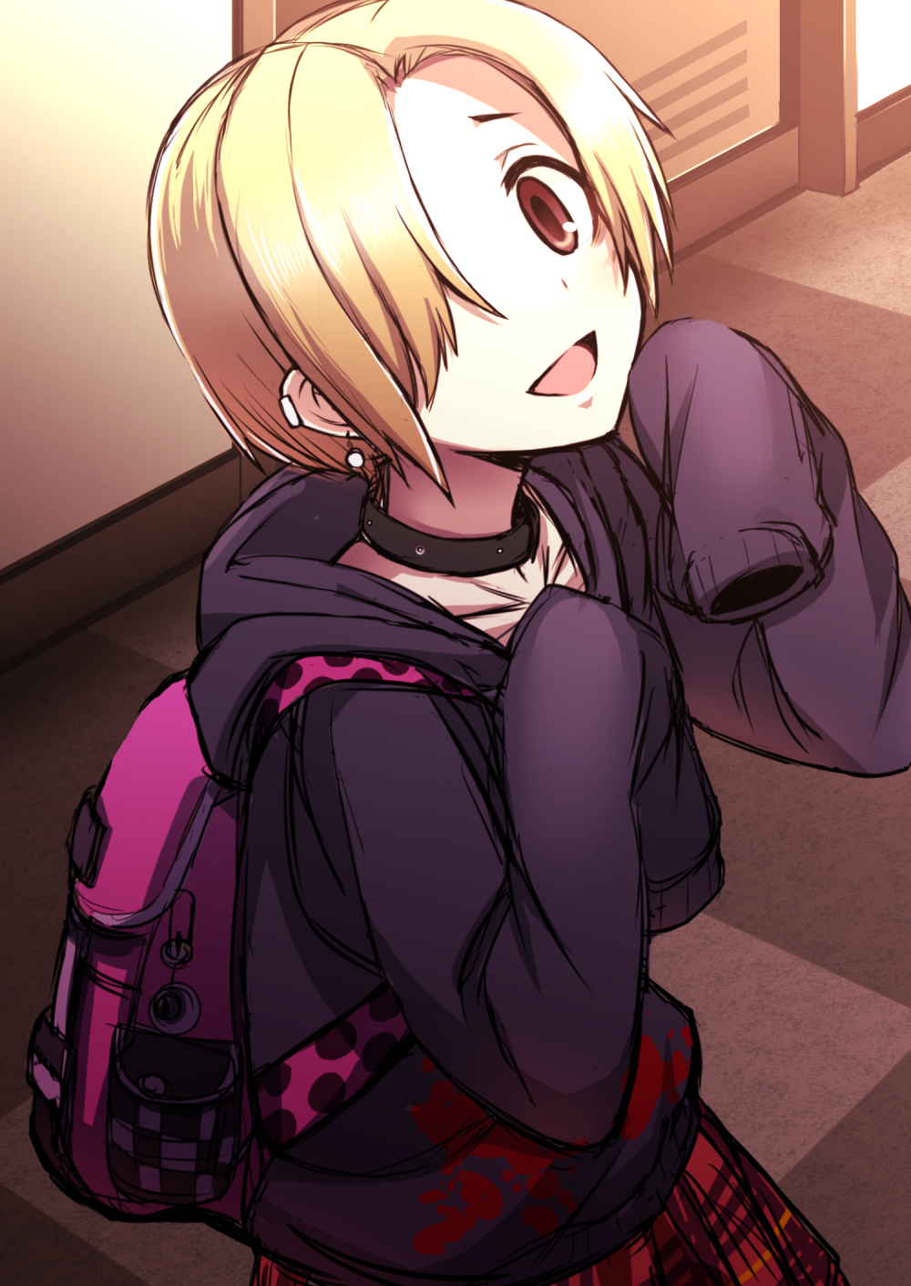 1girl, backpack, bag, bags_under_eyes, black_legwear, blonde_hair, blush, brown_eyes