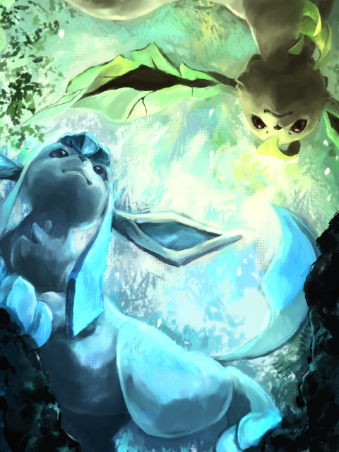 glaceon, leafeon, no_humans, paws, pointy_ears, pokemon, pokemon_(creature), tail