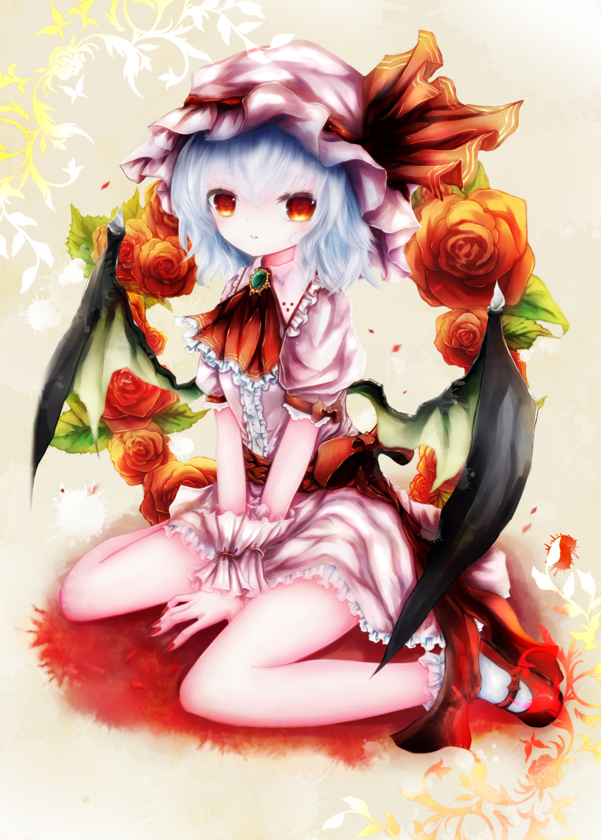 1girl, absurdres, ascot, basilis9, bat_wings, blue_hair, brooch, dress