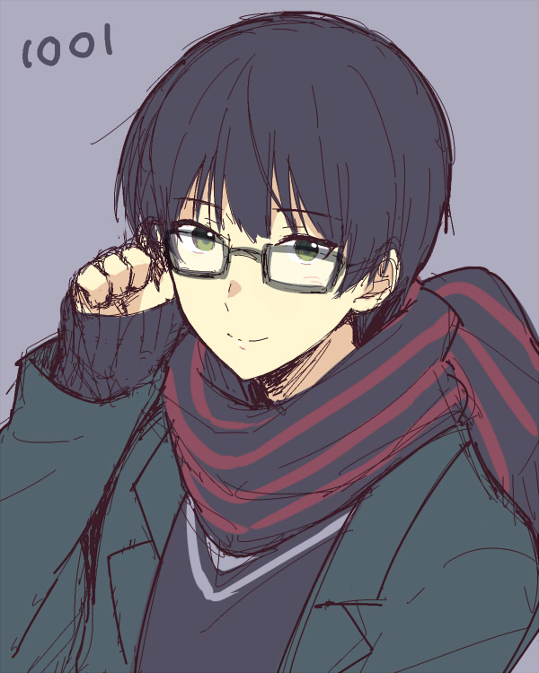 1boy, adjusting_glasses, bespectacled, black_hair, blue_background, fingerless_gloves, funikurikurara, glasses