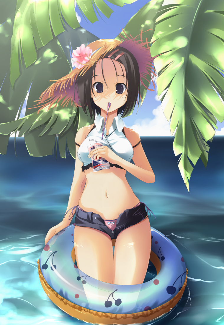 bow, bow_panties, hat, hotpants, innertube, juice_box, midriff, navel