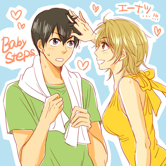 1boy, 1girl, :d, adjusting_another's_hair, ahoge, baby_steps, black_hair, blue_background