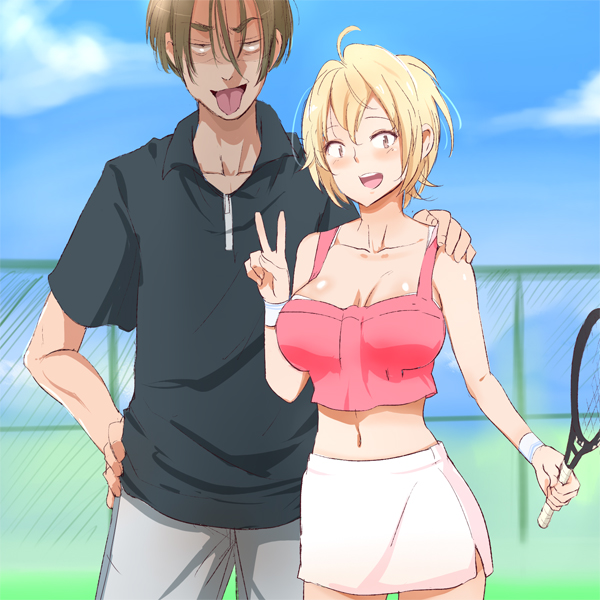 1boy, 1girl, :d, :p, ahoge, baby_steps, blonde_hair, breasts