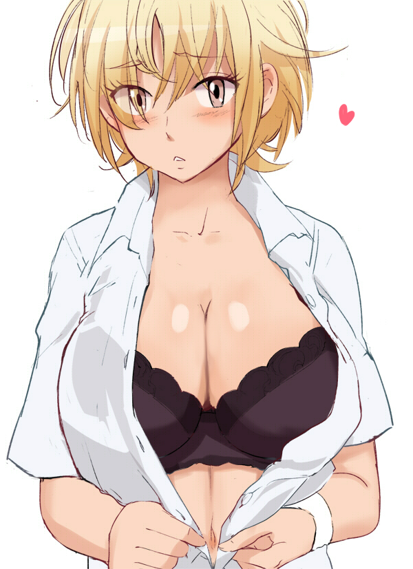 1girl, :<, baby_steps, black_bra, blonde_hair, blush, bra, breasts