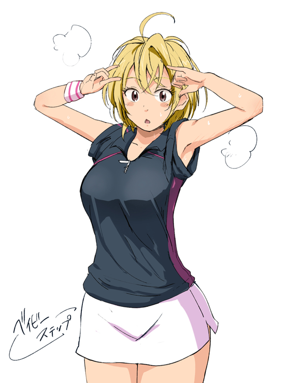 1girl, :<, \m/, \n/, armpits, baby_steps, blush_stickers, brown_eyes, copyright_name, double_\n/, hair_between_eyes, looking_at_viewer, open_mouth, short_hair, simple_background, skirt, solo, special_g_(spg), sportswear, steam, takasaki_natsu, tennis_uniform, white_background, wristband