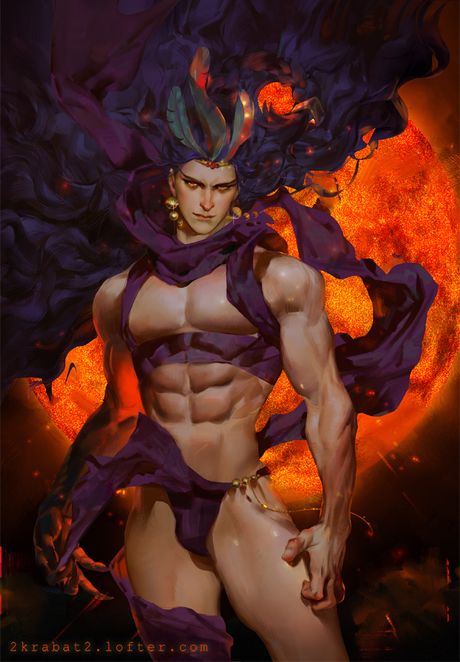 1boy, abs, claws, earrings, embers, feathers, headband, jewelry, jojo_no_kimyou_na_bouken, kars_(jojo), krabat, loincloth, long_hair, male_focus, muscle, orange_eyes, purple_hair, scarf, solo, sparkle, sun, very_long_hair, watermark, web_address