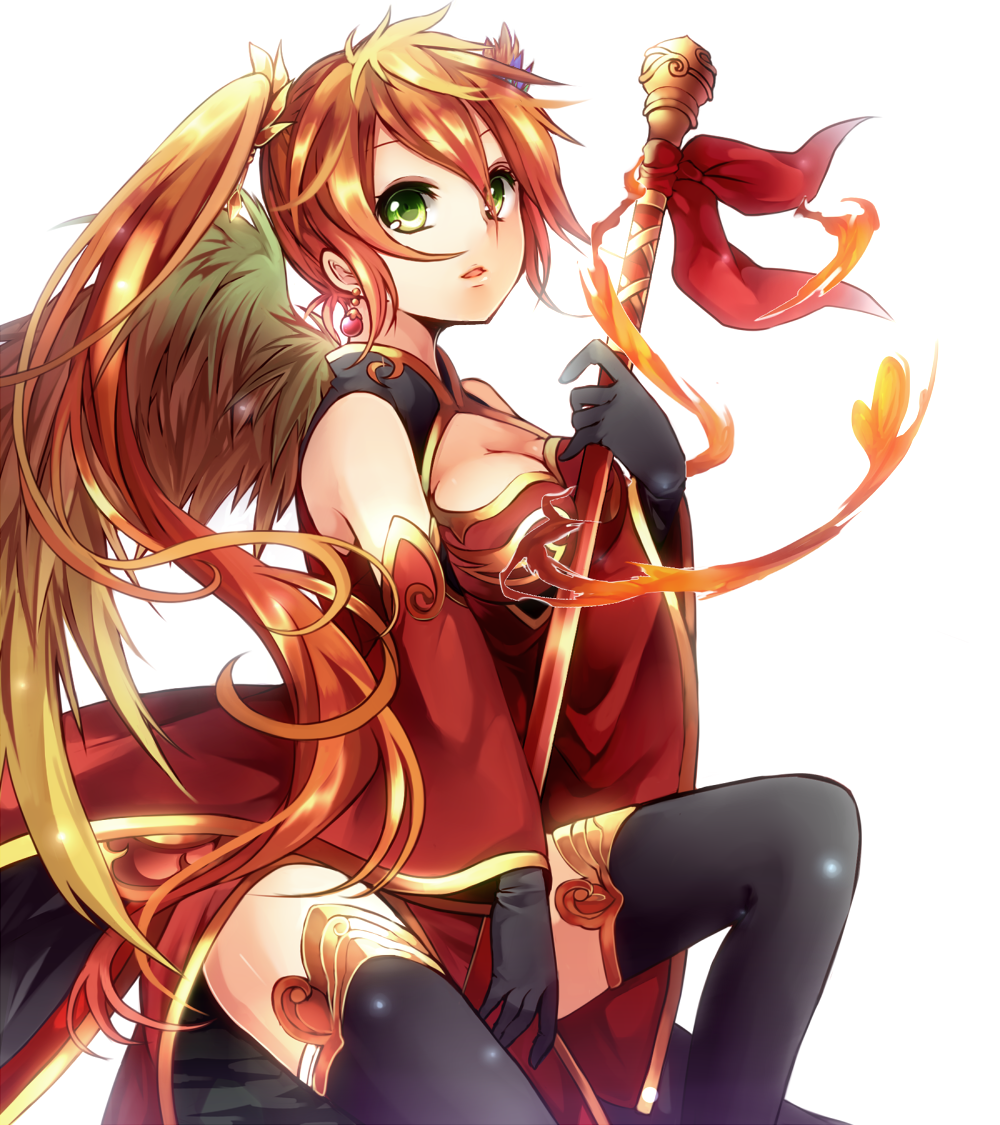 1girl, between_thighs, black_gloves, black_legwear, detached_sleeves, dress, earrings, feathered_wings