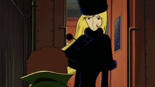 1boy, 1girl, 70s, animated, animated_gif, blonde_hair, coat, door